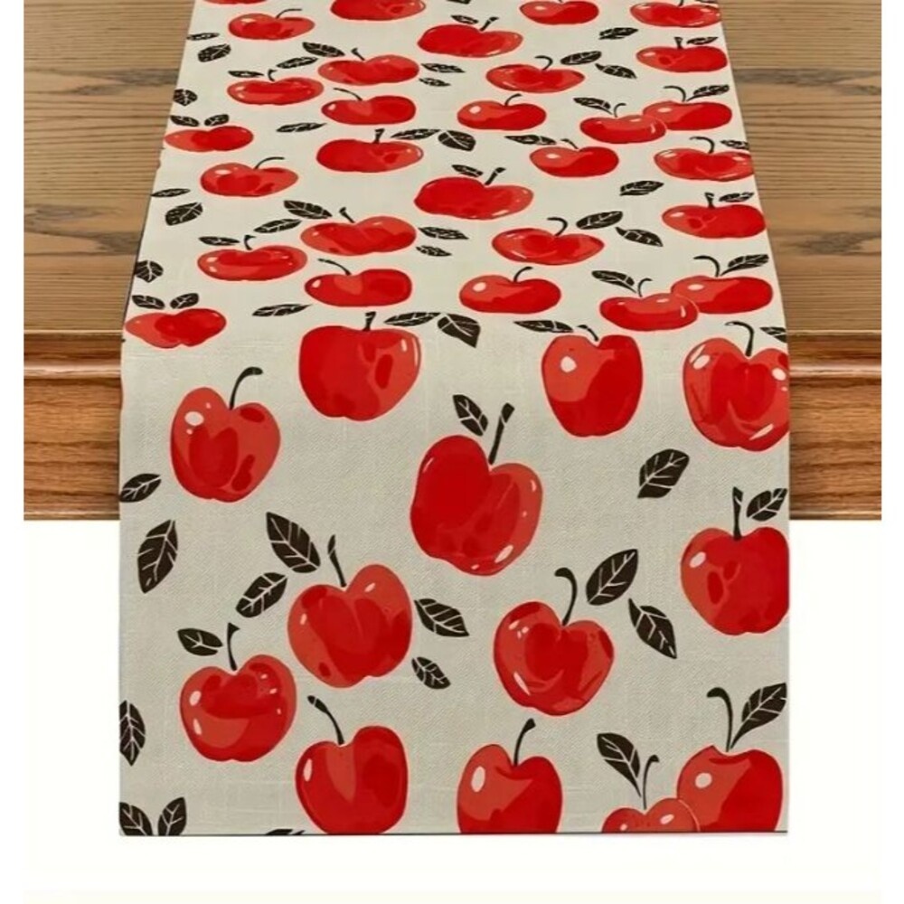 Table runner 13x72in Woven Polyester Apples Off White, red and black